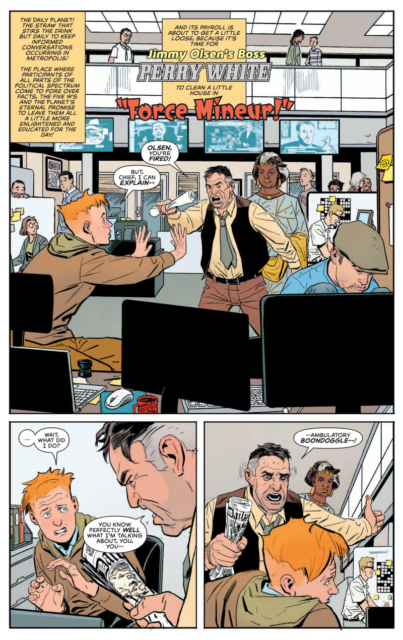 Perry White raging against Jimmy Olsen.